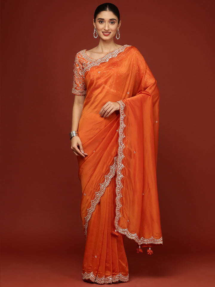 Orange Crepe Saree With Heavy Work Readymade Blouse