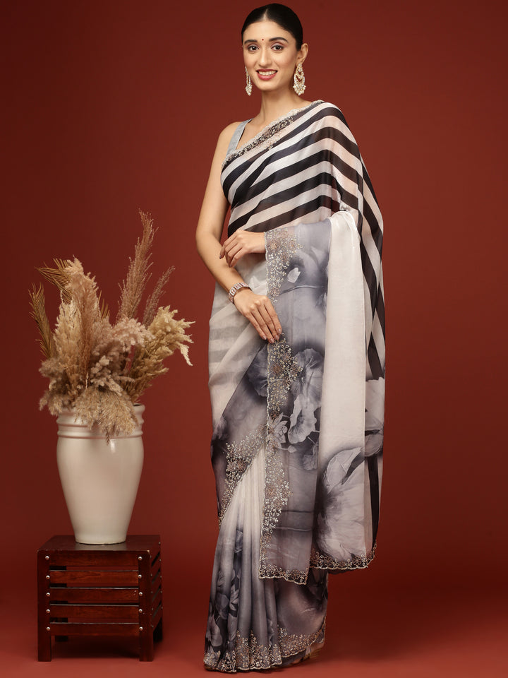 Black And White Crepe Weaved Saree