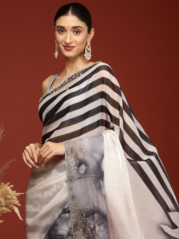 Black And White Crepe Weaved Saree