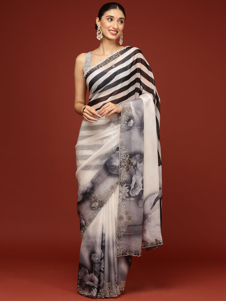 Black And White Crepe Weaved Saree