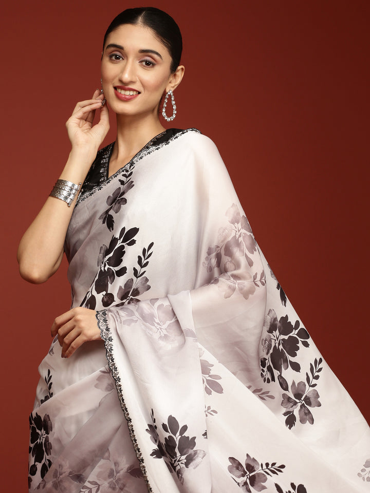 Black And White Crepe Weaved Saree With Readymade Blouse
