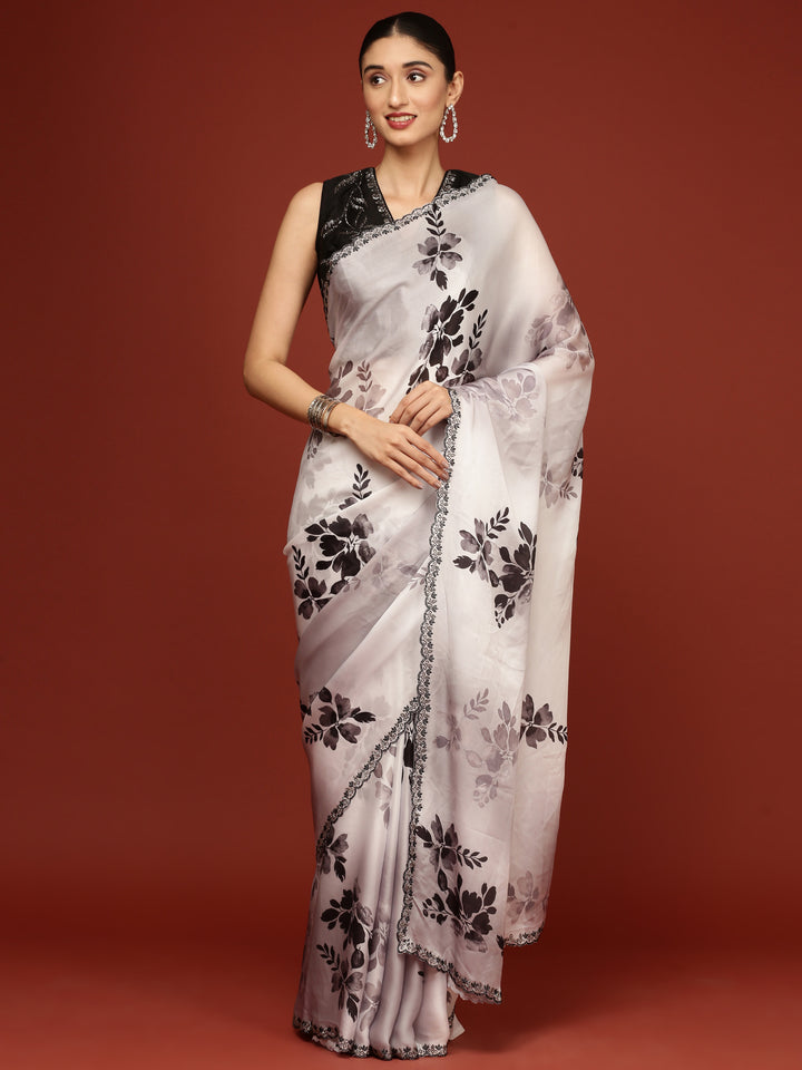 Black And White Crepe Weaved Saree With Readymade Blouse