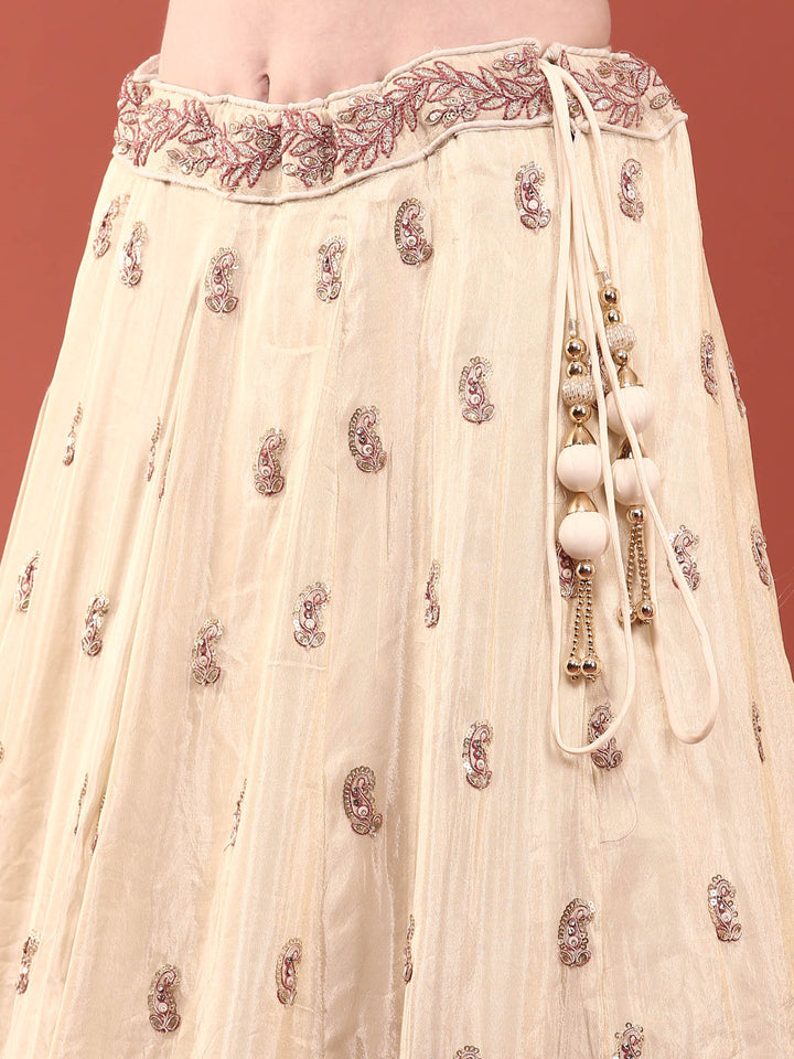 Cream Tissue With Heavy Hand Embroidery Ghagra Set