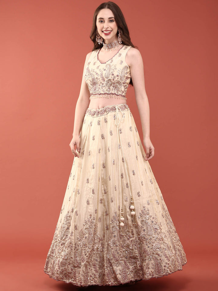 Cream Tissue With Heavy Hand Embroidery Ghagra Set