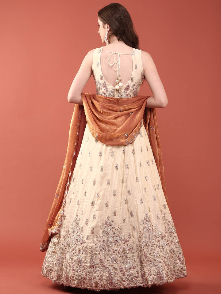 Cream Tissue With Heavy Hand Embroidery Ghagra Set