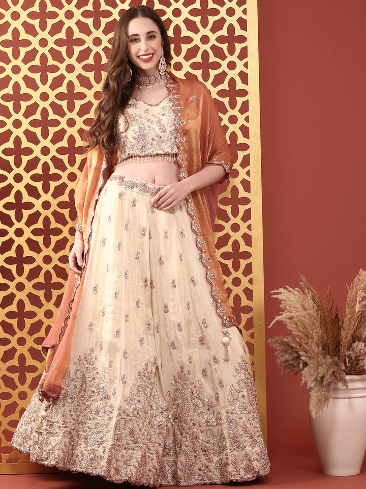 Cream Tissue With Heavy Hand Embroidery Ghagra Set