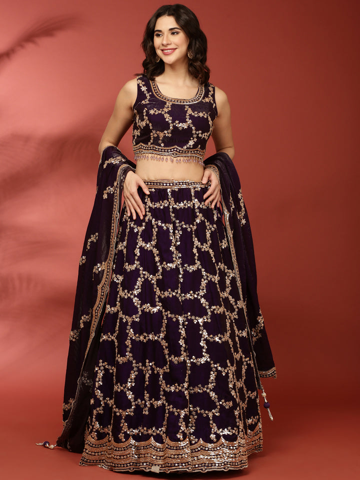 Purple Tissue Hand Embroidered Ghagra Set