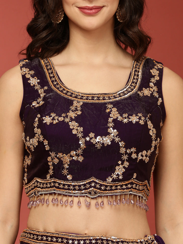 Purple Tissue Hand Embroidered Ghagra Set