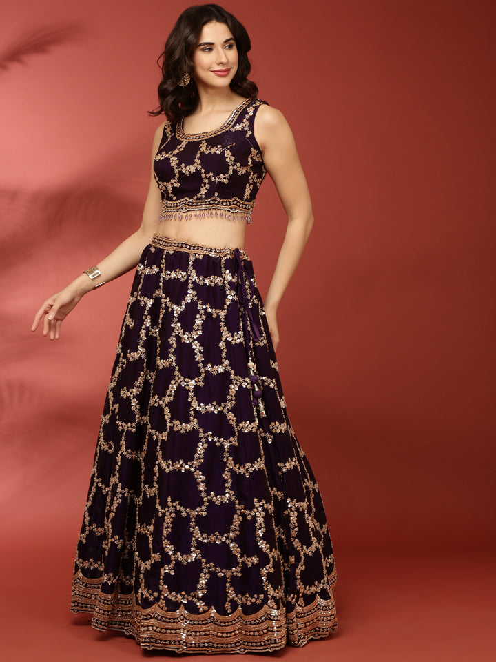 Purple Tissue Hand Embroidered Ghagra Set