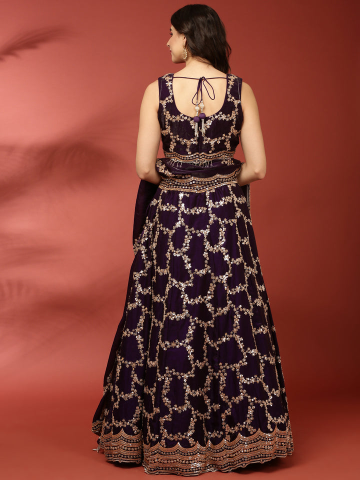 Purple Tissue Hand Embroidered Ghagra Set