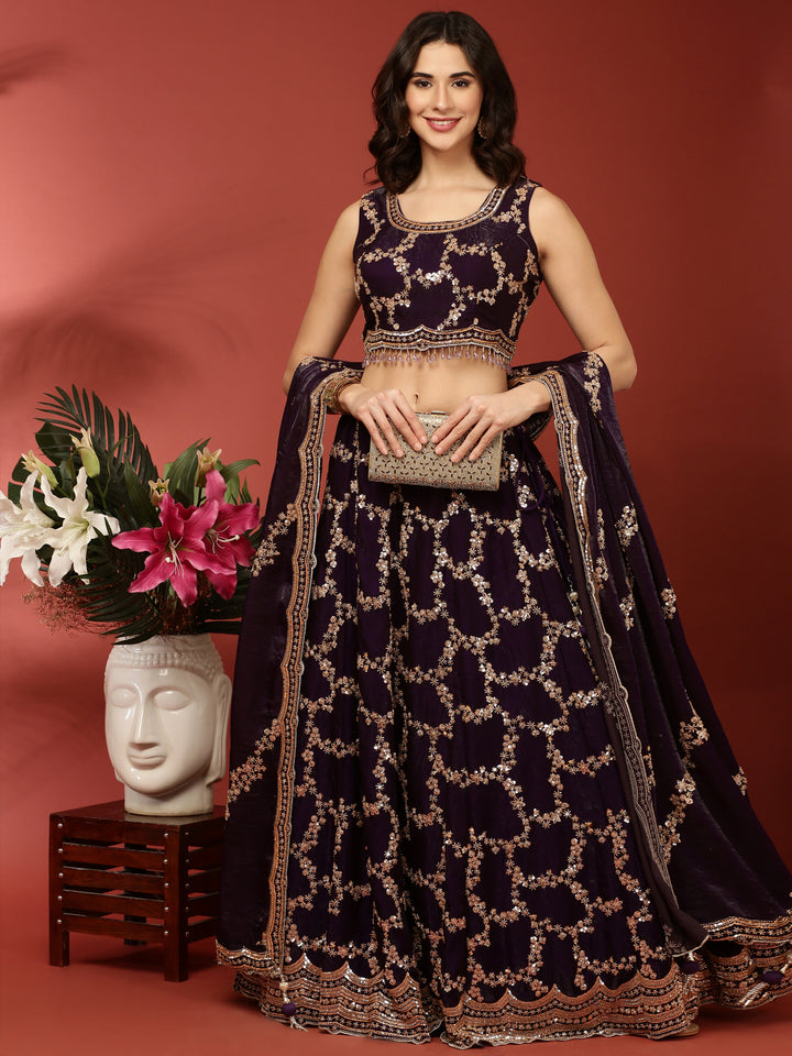 Purple Tissue Hand Embroidered Ghagra Set