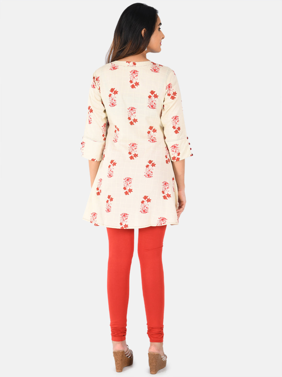 Neerus Beige printed A-Line kurti - side view
