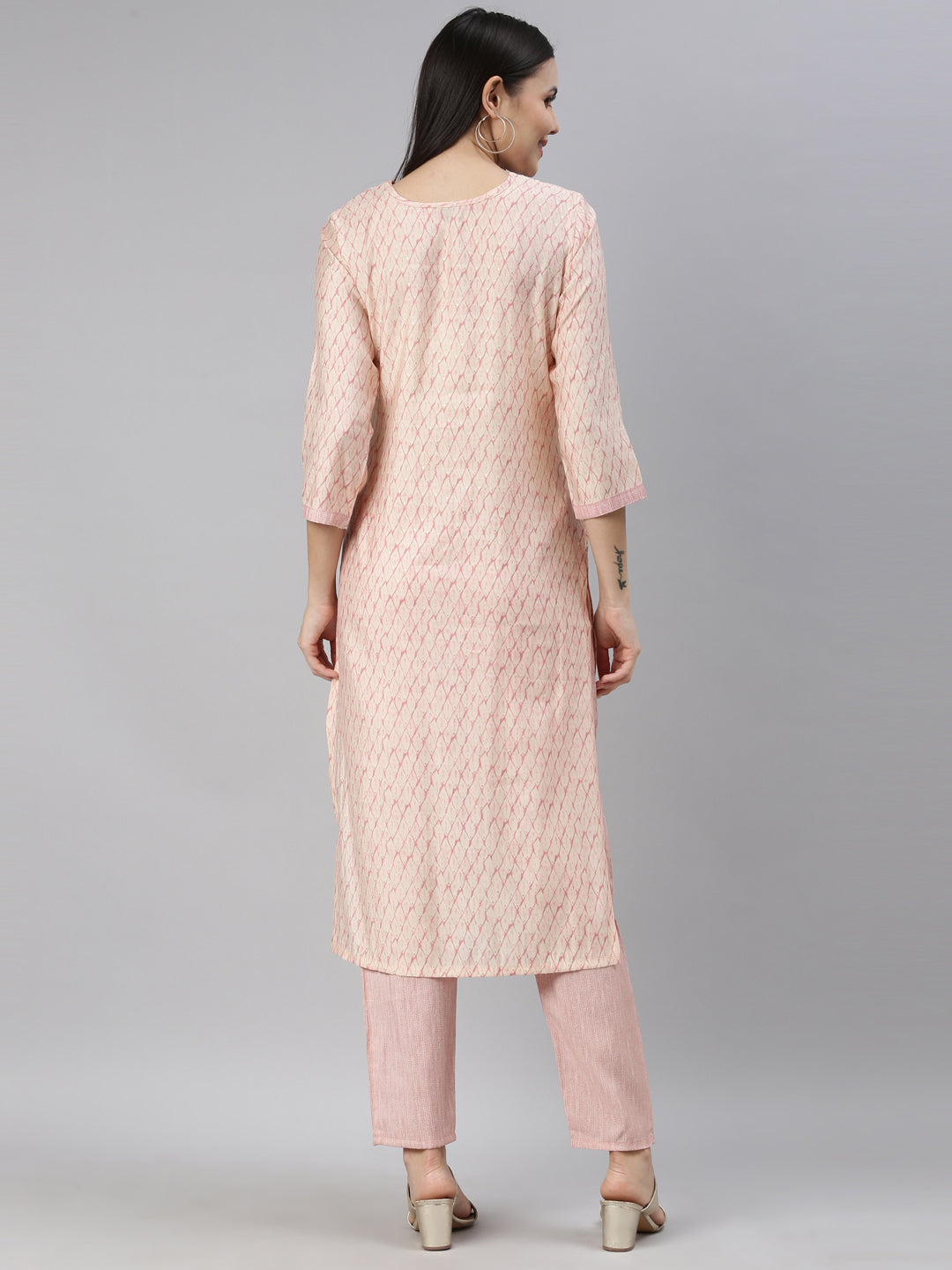 Neerus Orange embroidered kurta set with trousers - side view