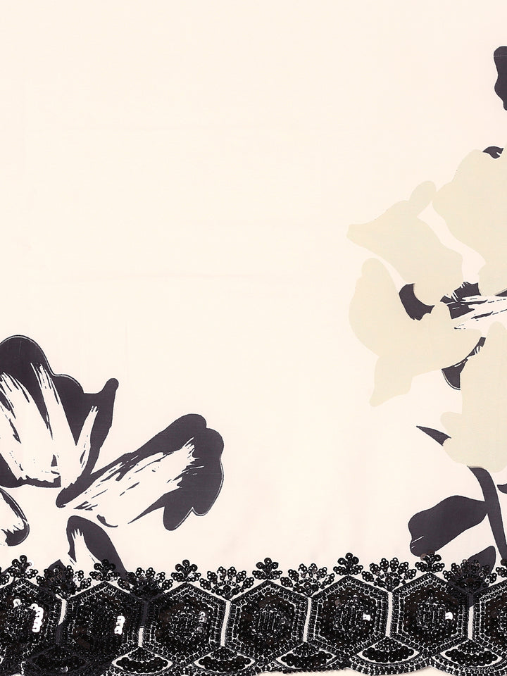 Black & White Satin Printed Saree With Hand Embroidery & Readymade Blouse