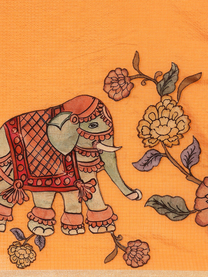 Mustard Kota Saree With Kalamkari Appliqué Work On Pallu