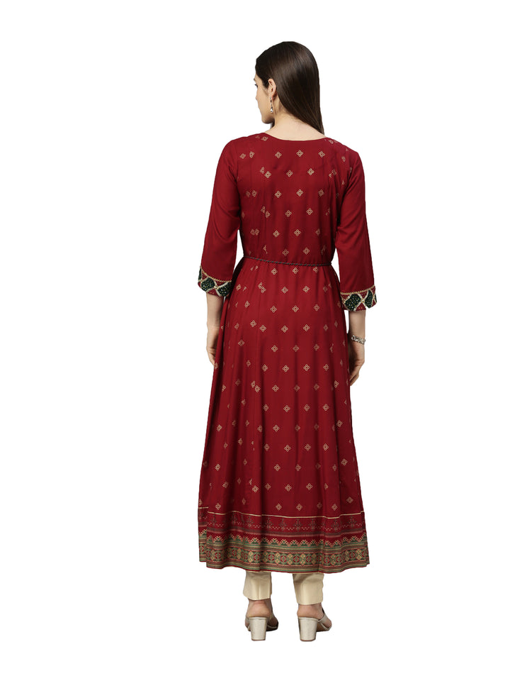 Neerus Maroon embroidered anarkali kurta with flared sleeves - detail view 1