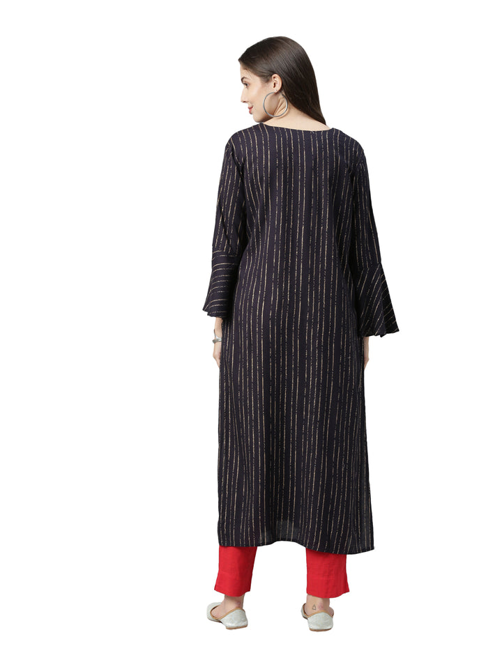 Neerus Women Navy Blue Striped Bell Sleeves Kurta
