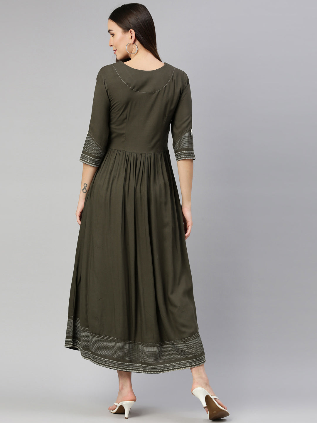 Neerus Green thread embroidered anarkali kurta - side view