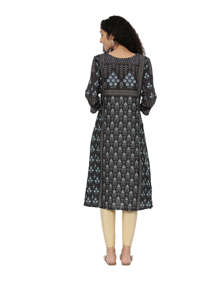 Neerus Black printed A-line kurti - side view