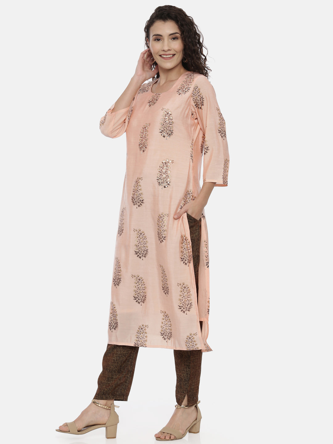 Neerus Women Peach-Coloured Ethnic Motifs Printed Kurta
