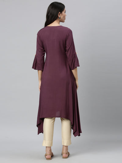 Neerus Women Purple Embroidered Bell Sleeves Thread Work Kurta
