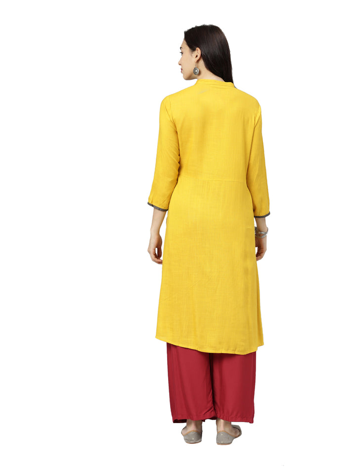 Neerus Yellow cotton solid kurti - detail view 1