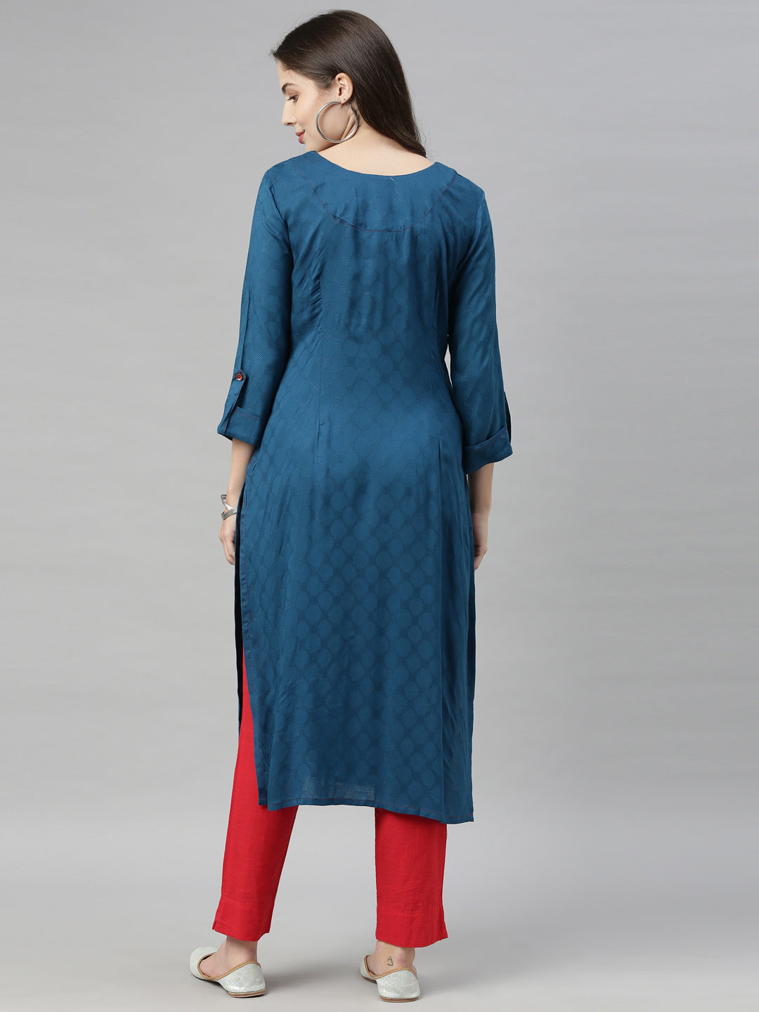 Neerus Blue mirror work straight kurta ethnic yoke design - side view