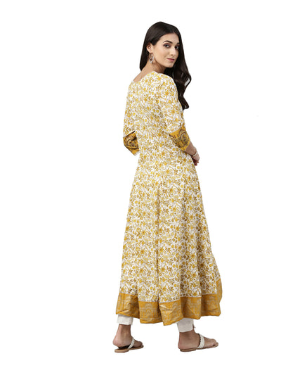 Neerus Women Mustard Yellow  White Ethnic Motifs Printed Anarkali Kurta