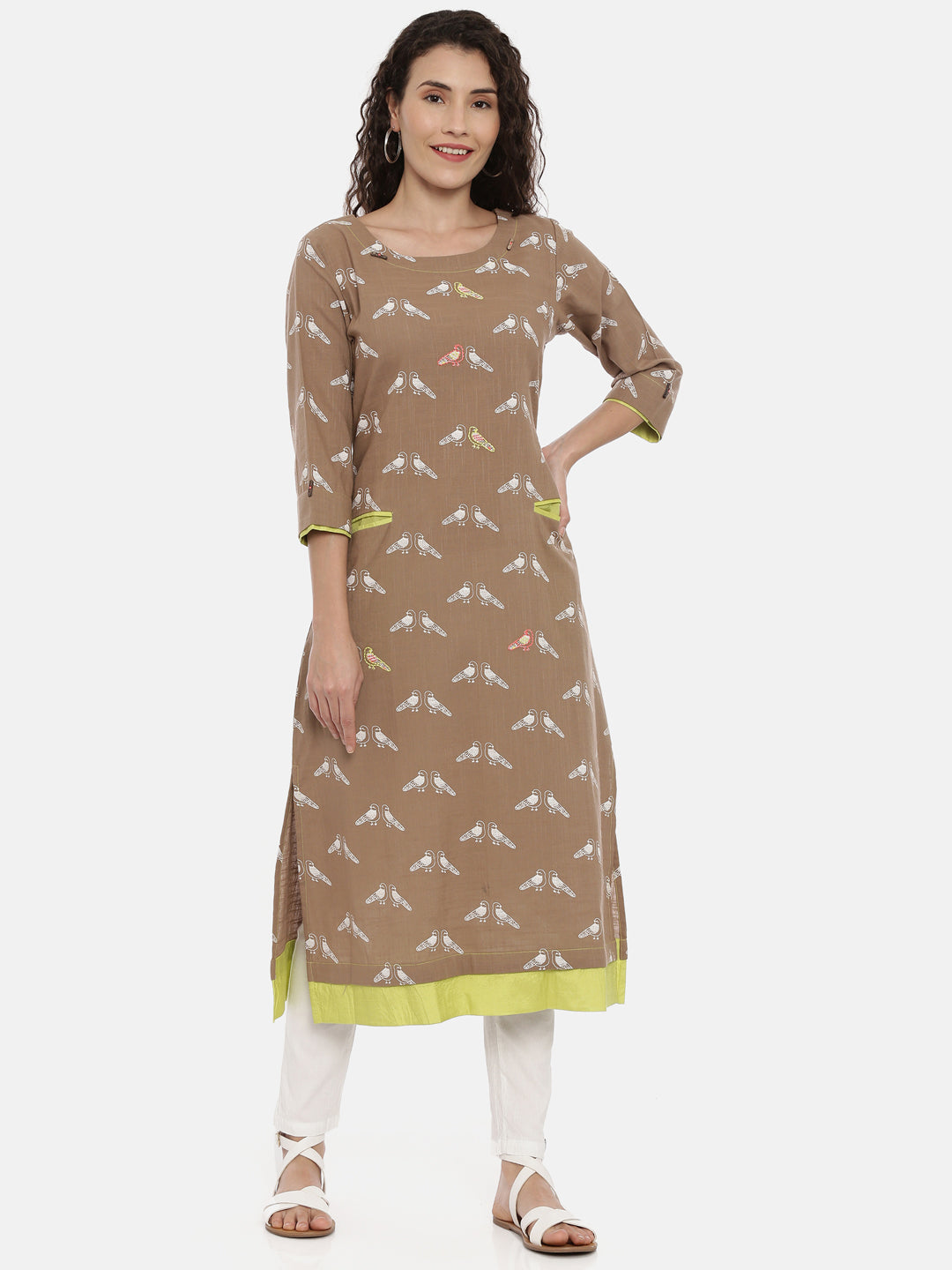 Neerus Brown printed straight kurta - detail view 2