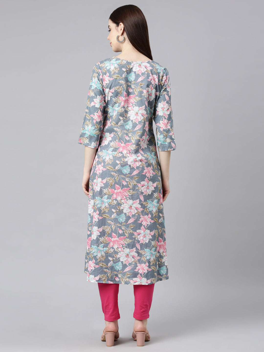 Neerus Grey printed floral straight kurta - detail view 3