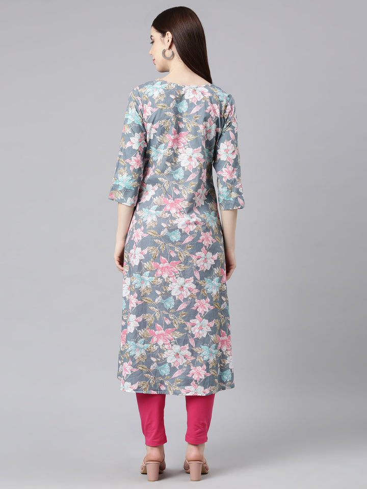 Neerus Grey printed floral straight kurta - detail view 3