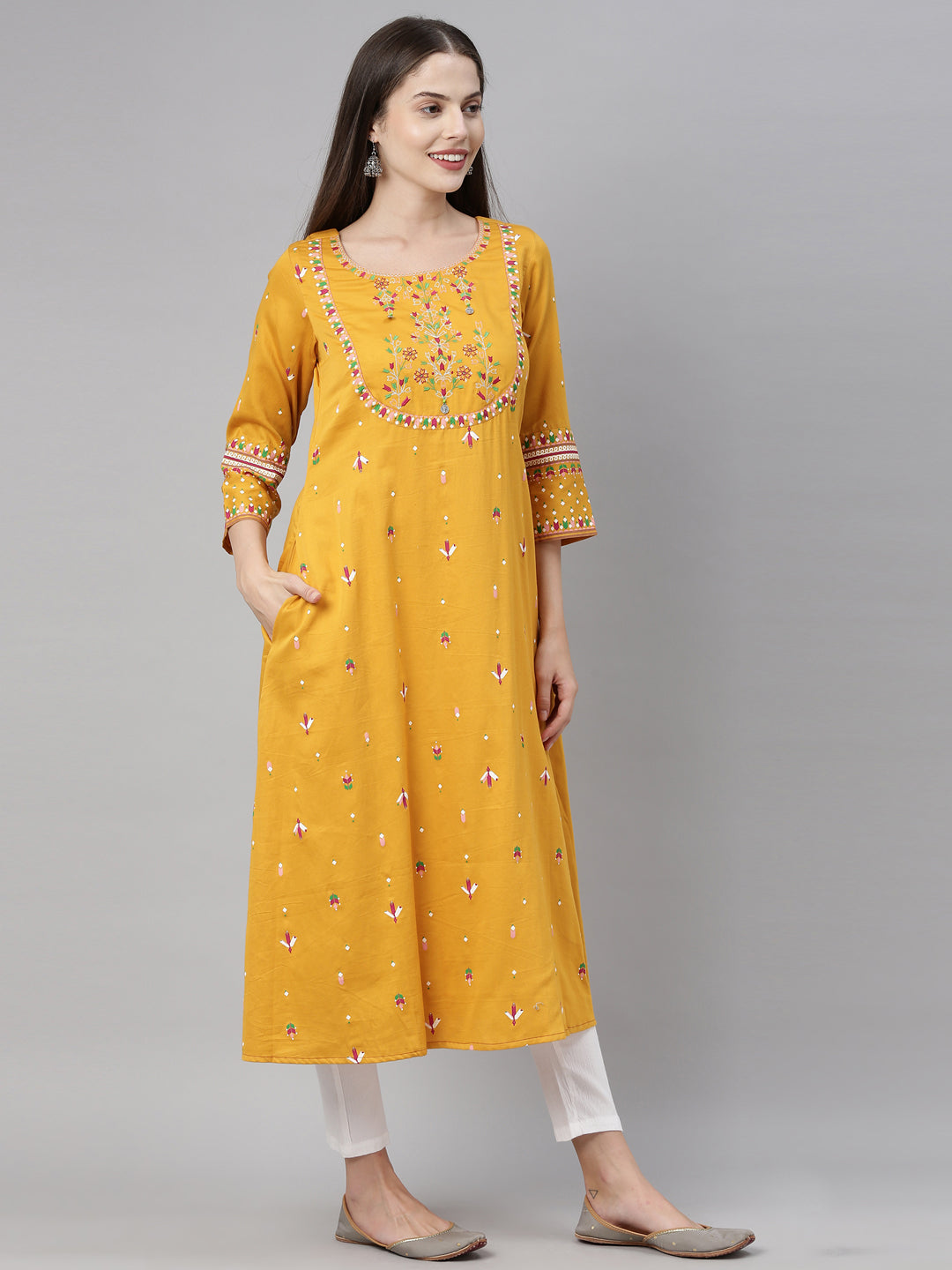 Neerus Women Mustard Floral Embroidered Kurta