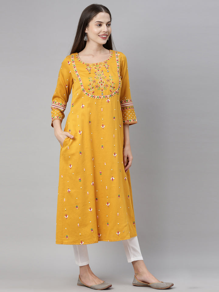 Neerus Women Mustard Floral Embroidered Kurta