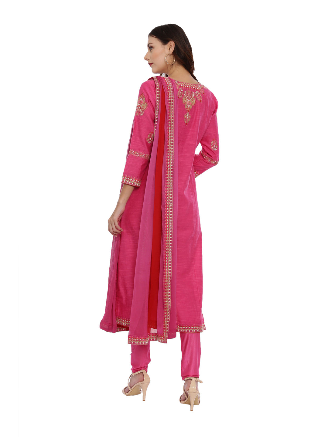 Neerus Pink embroidered suit set with churidar and dupatta - side view