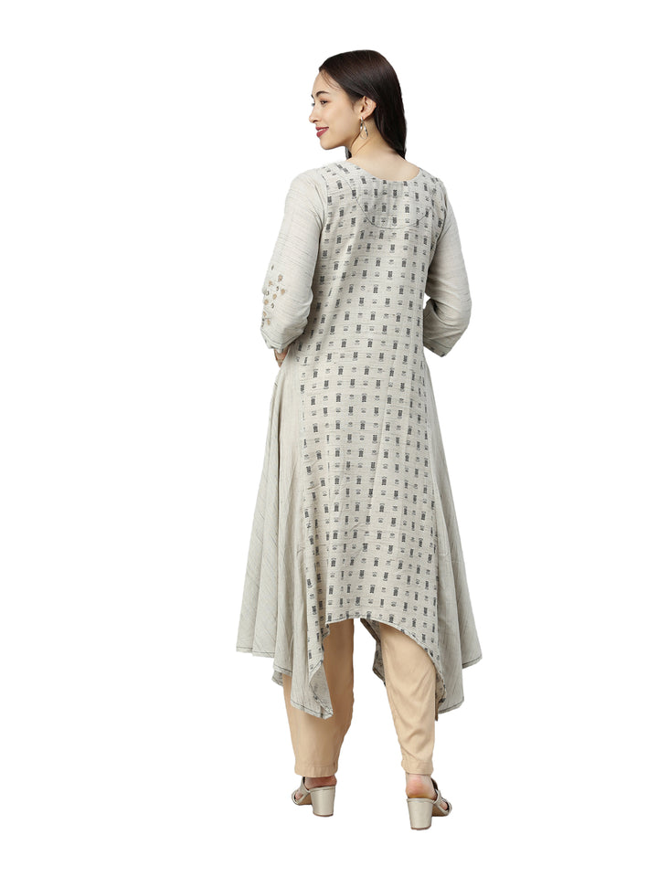 Neerus Women Grey Ethnic Motifs Printed Keyhole Neck Kurta