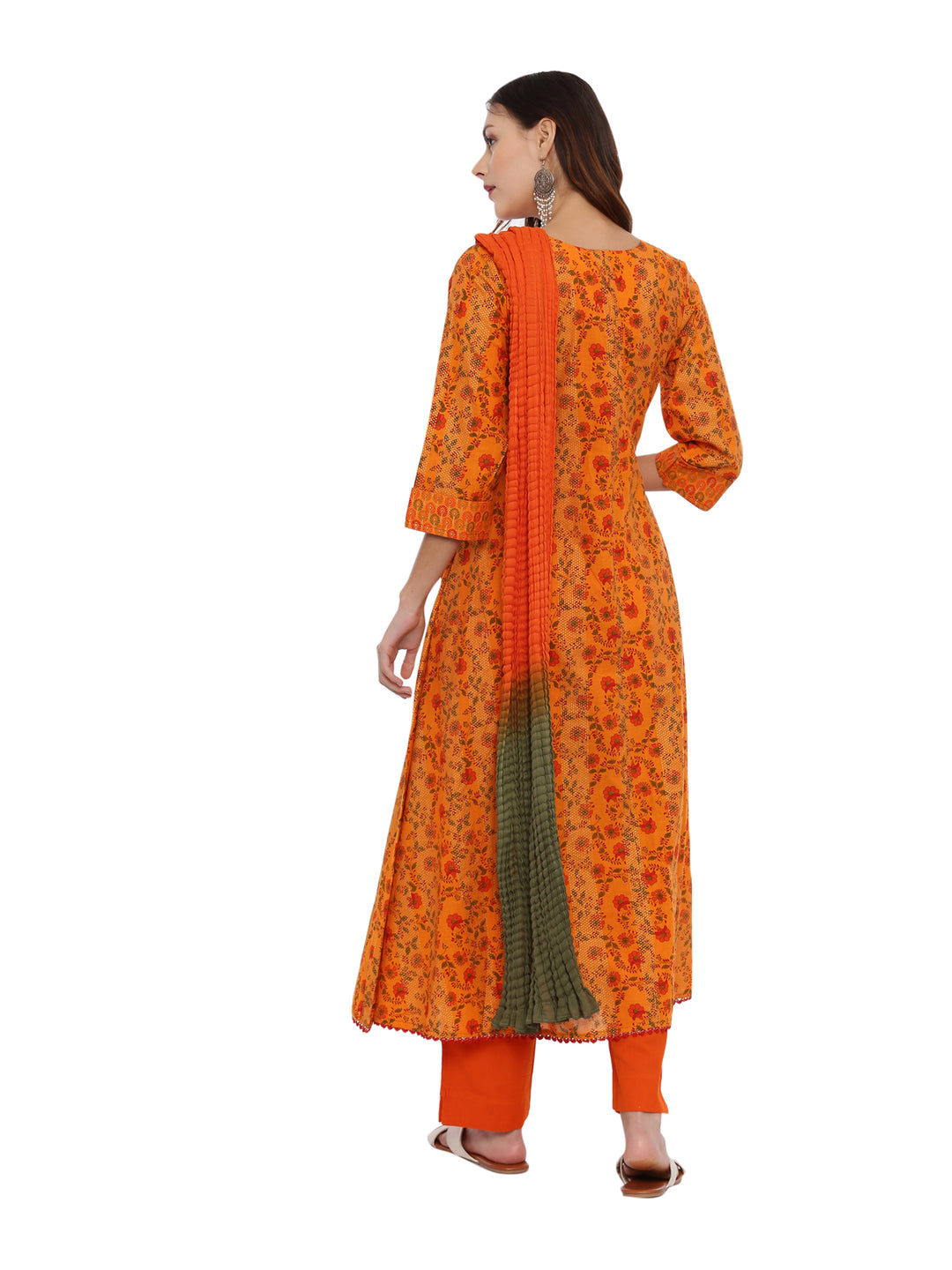 Neerus Orange printed suit set with trouser and dupatta - detail view 2