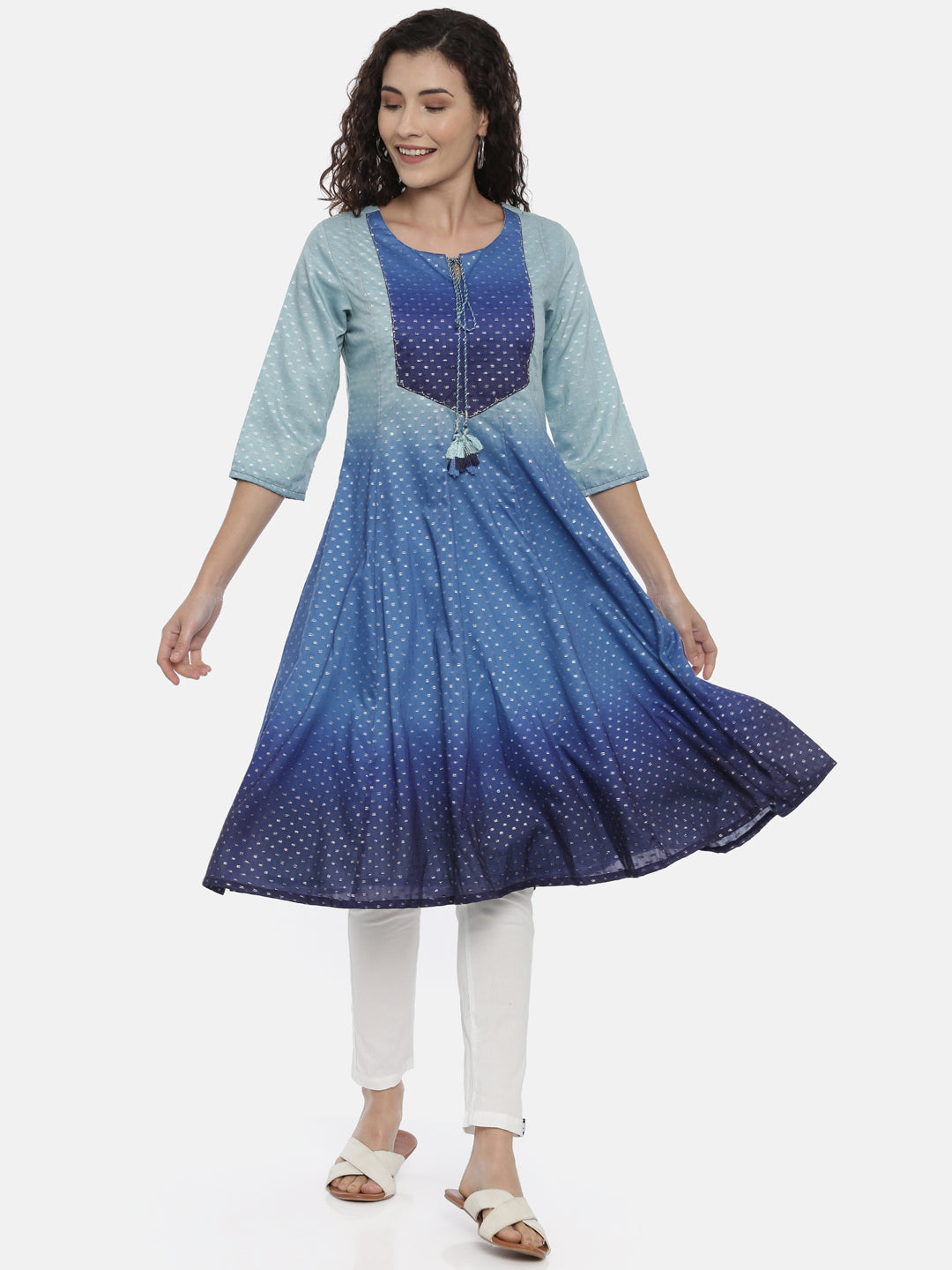 Neerus Blue Colourblocked Anarkali Kurta
