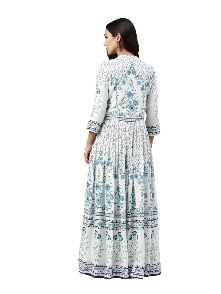 Neerus Women White  Blue Floral Printed Mirror Work Anarkali Kurta
