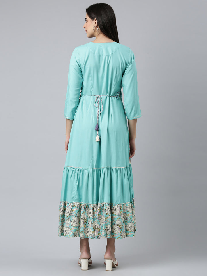 Neerus Sea Green Straight Casual Embroidered Dress