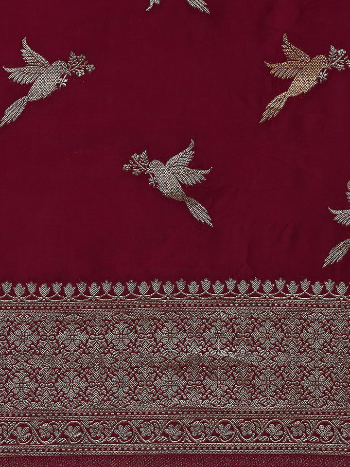 Neerus Maroon Banarasi woven saree with gold silver motifs - detail view 2