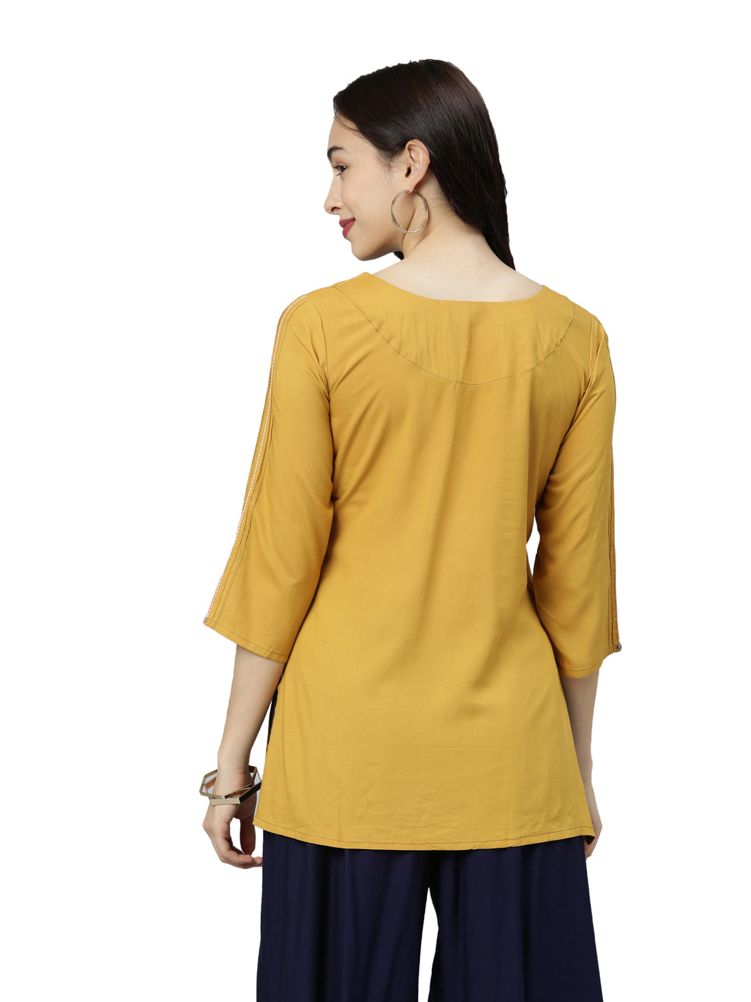 Neerus Yellow cotton embroidered kurti - detail view 1