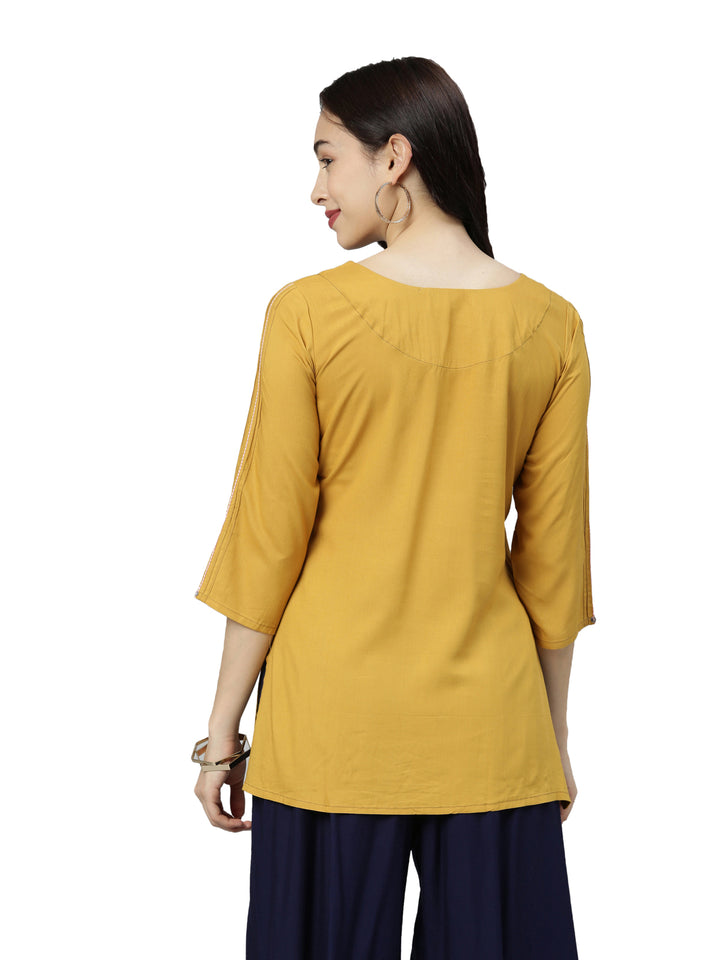 Neerus Yellow cotton embroidered kurti - detail view 1