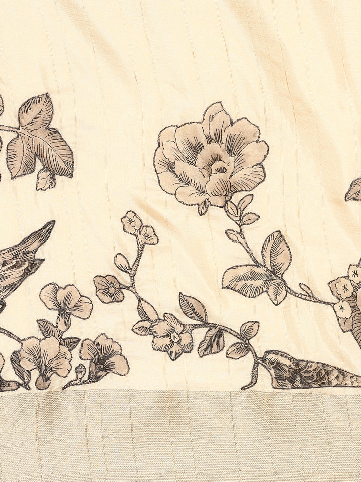 Cream Natural Dupion Saree With Floral Print