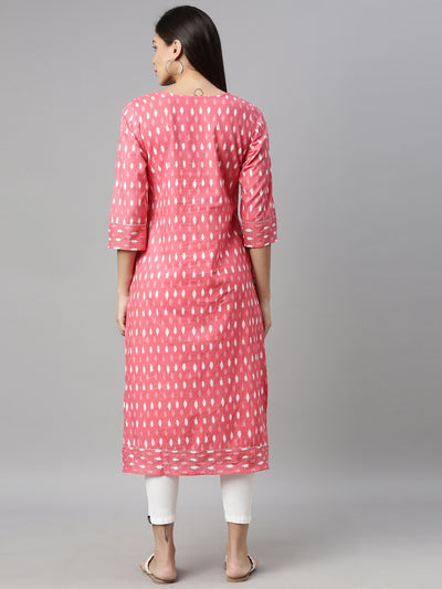 Neerus Women Pink Geometric Printed Cotton Kurta