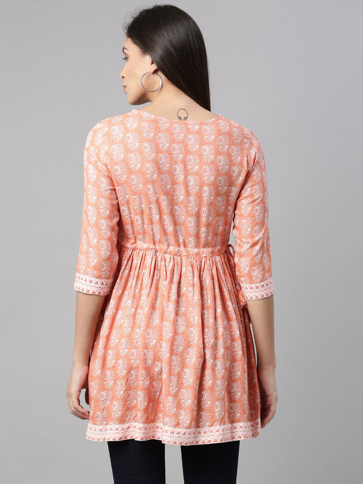 Neerus Women Coral  White Floral Printed Sequinned Pleated Kurti