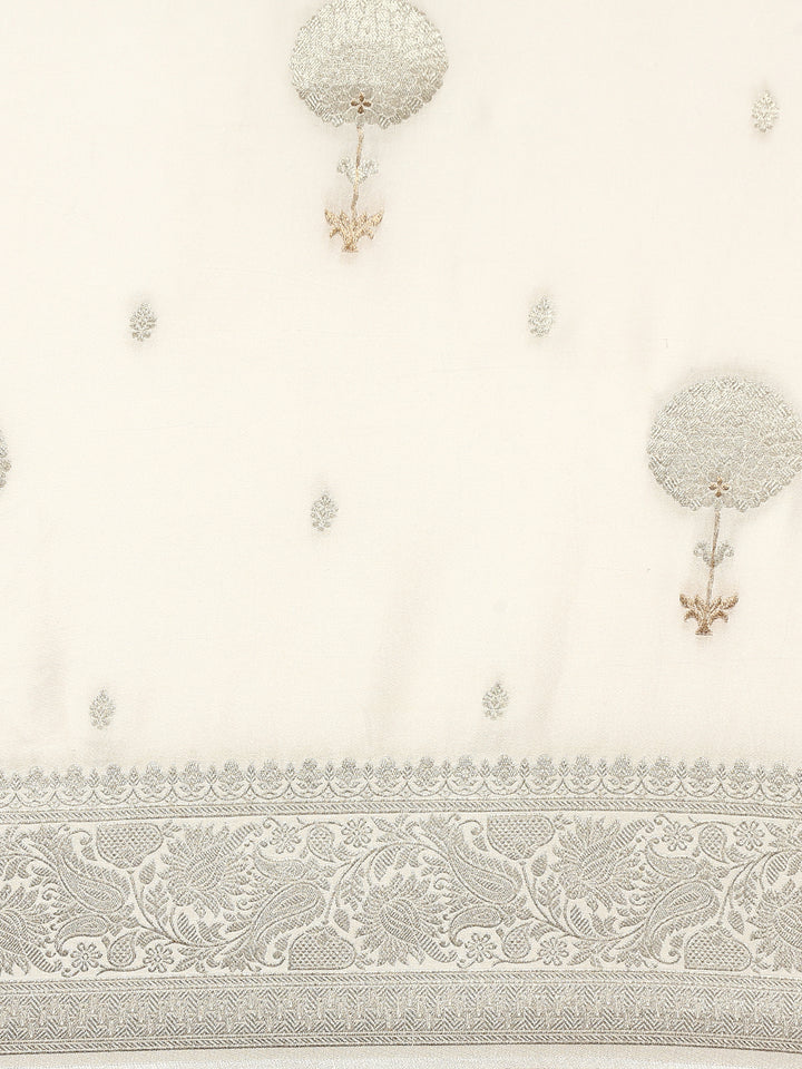 White Banaras silk saree with zari motifs and border