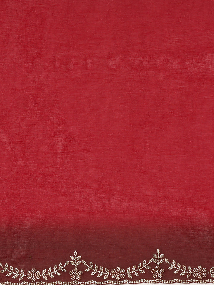 Red Jimmy Tissue Saree With Hand Embroidery