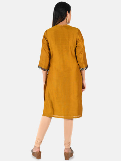 Neerus Women Mustard Yellow Solid A-Line Kurta with Applique Detail