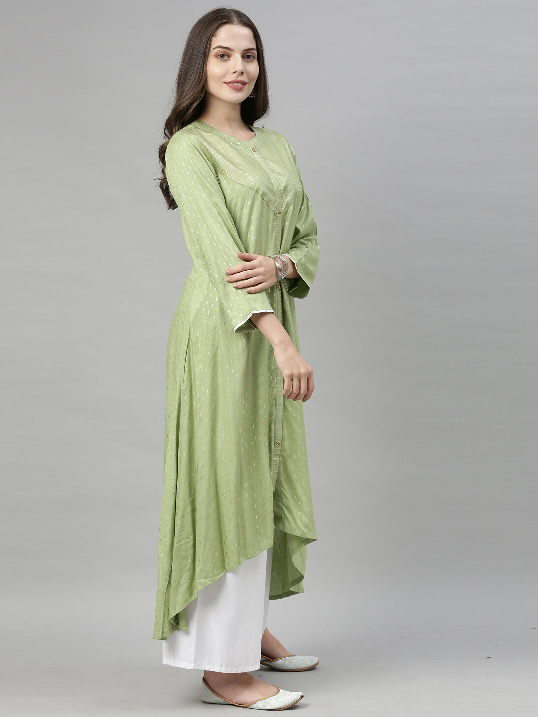 Neerus Green printed ethnic motif A-line high-low kurta - side view