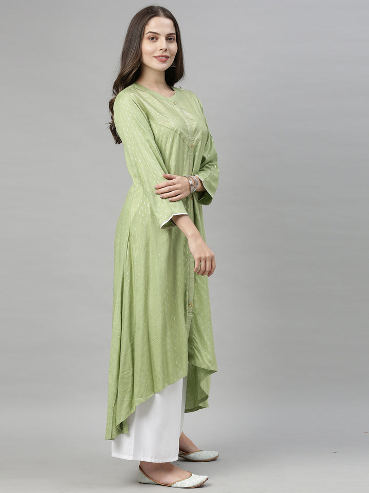 Neerus Green printed ethnic motif A-line high-low kurta - side view
